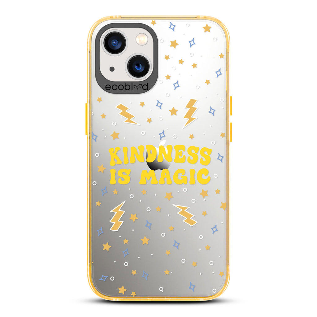 Laguna Collection - Yellow Compostable iPhone 13 Case With Kindness Is Magic, Lightning Bolts & Stars On Clear Back