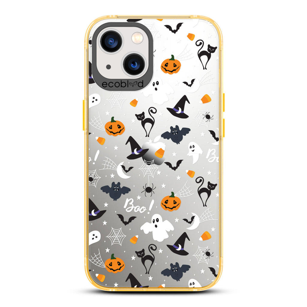 Halloween Collection - Yellow Laguna iPhone 13 Case With Spiders, Ghosts & Other Spooky Characters On A Clear Back 