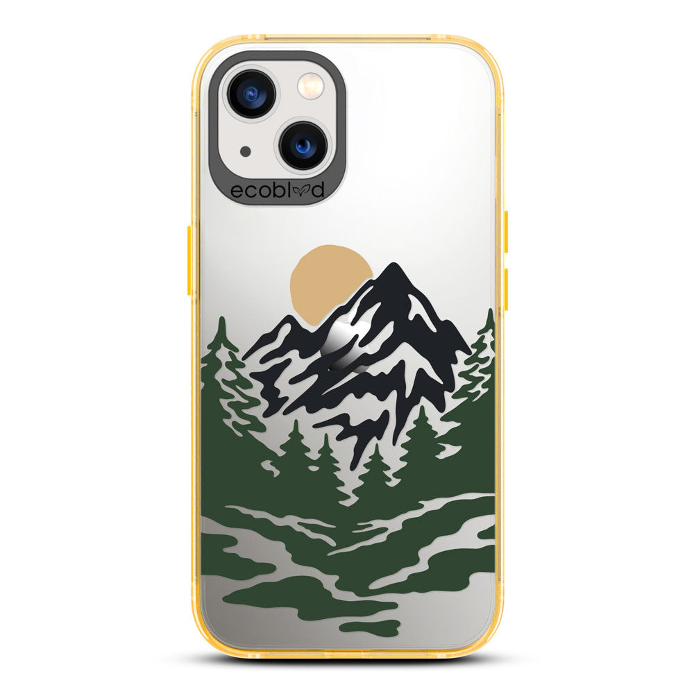 Laguna Collection - Yellow Compostable iPhone 13 Case With A Minimalist Moonlit Mountain Landscape On A Clear Back 