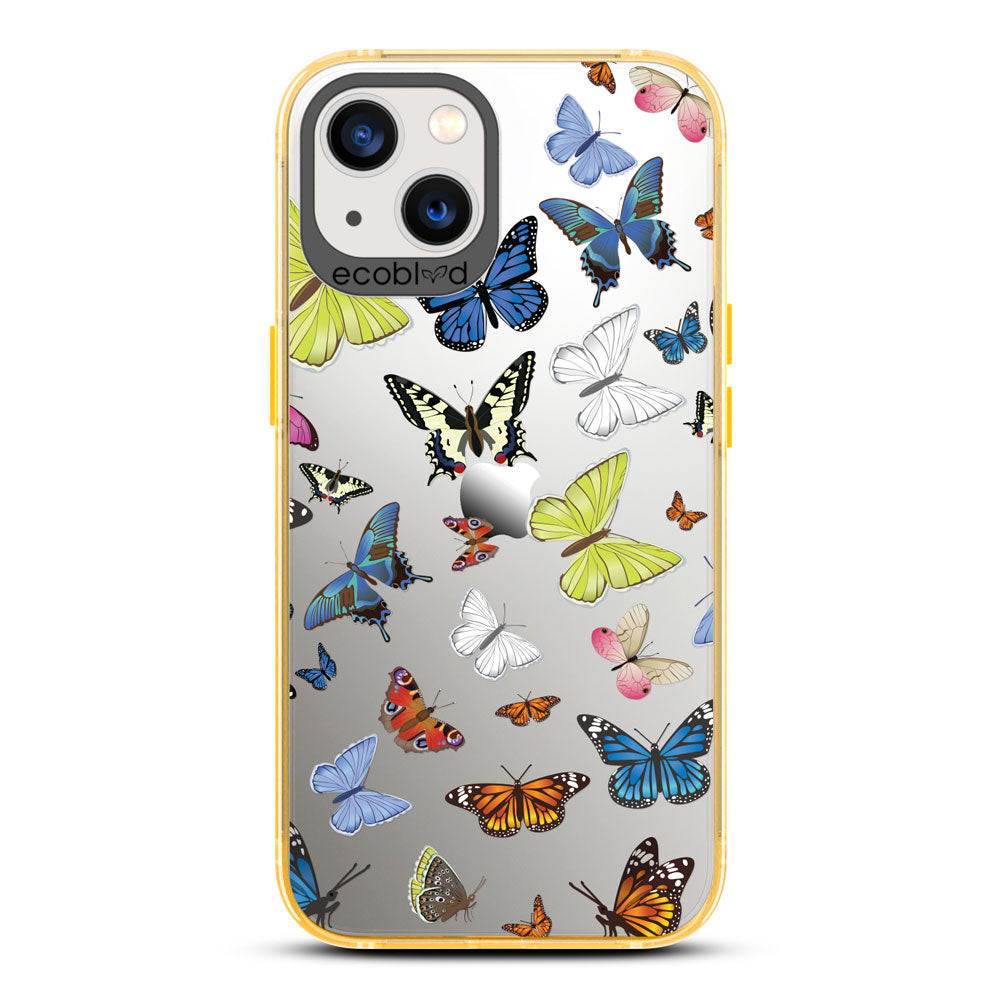 Laguna Collection - Yellow iPhone 13 Case With Multicolored Butterflies On A Clear Back - 6FT Drop Protection
