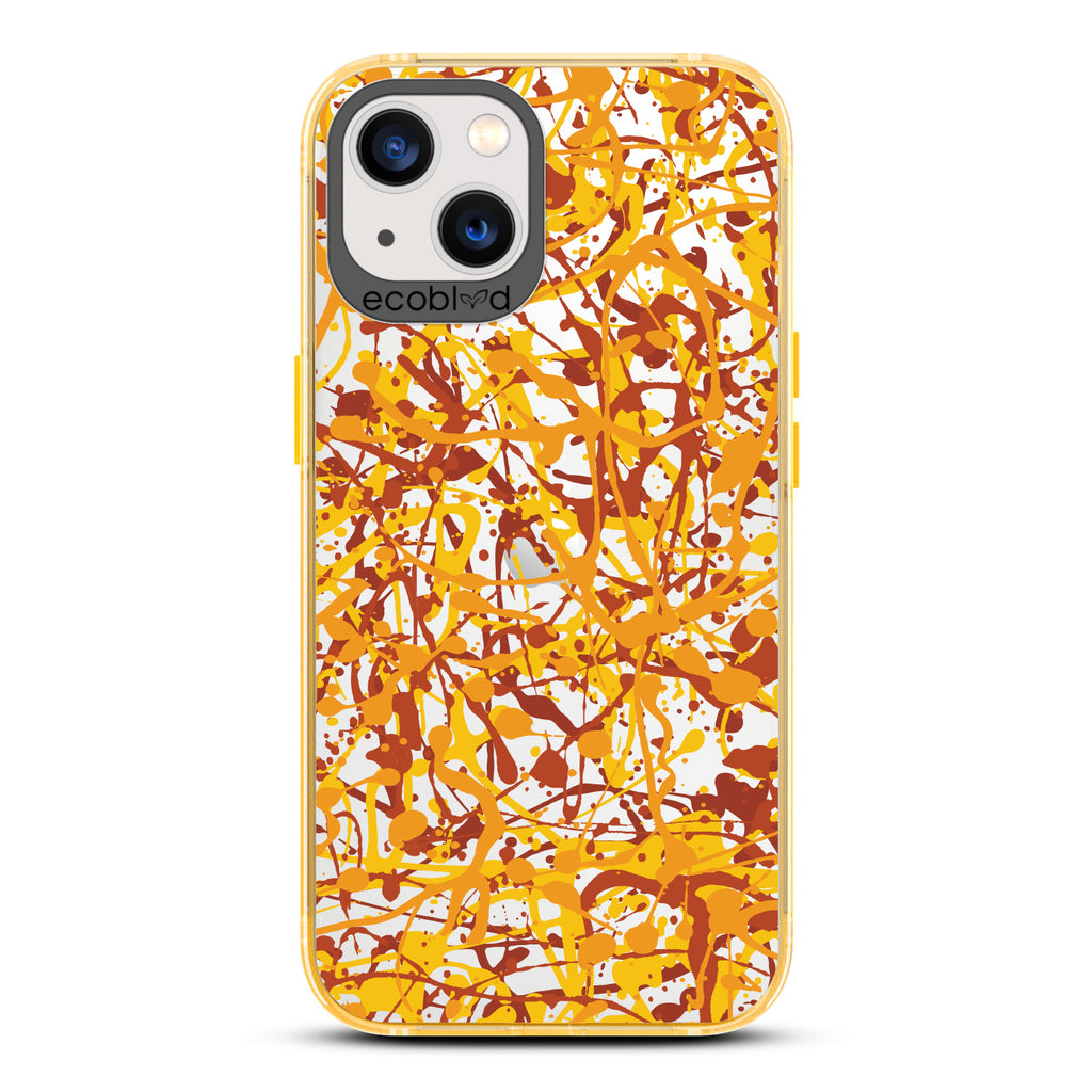 Contemporary Collection - Yellow Compostable iPhone 13 Case - Abstract Pollock-Style Painting On A Clear Back