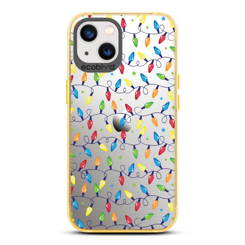 Winter Collection - Yellow Compostable Laguna iPhone 13 Case With Colorful Christmas Lights & Stars On A Clear Back