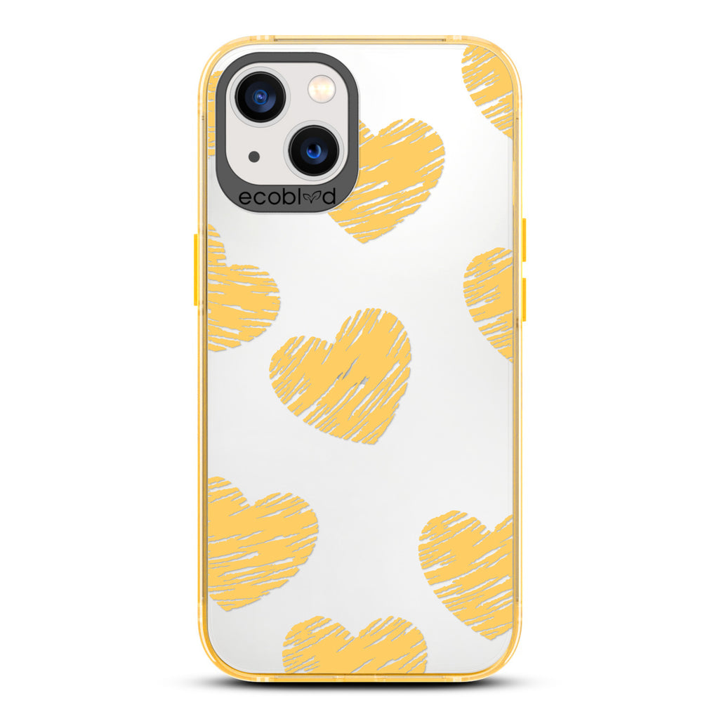 Love Collection - Yellow Compostable iPhone 13 Case - Yellow Scribbled Hearts On A Clear Back