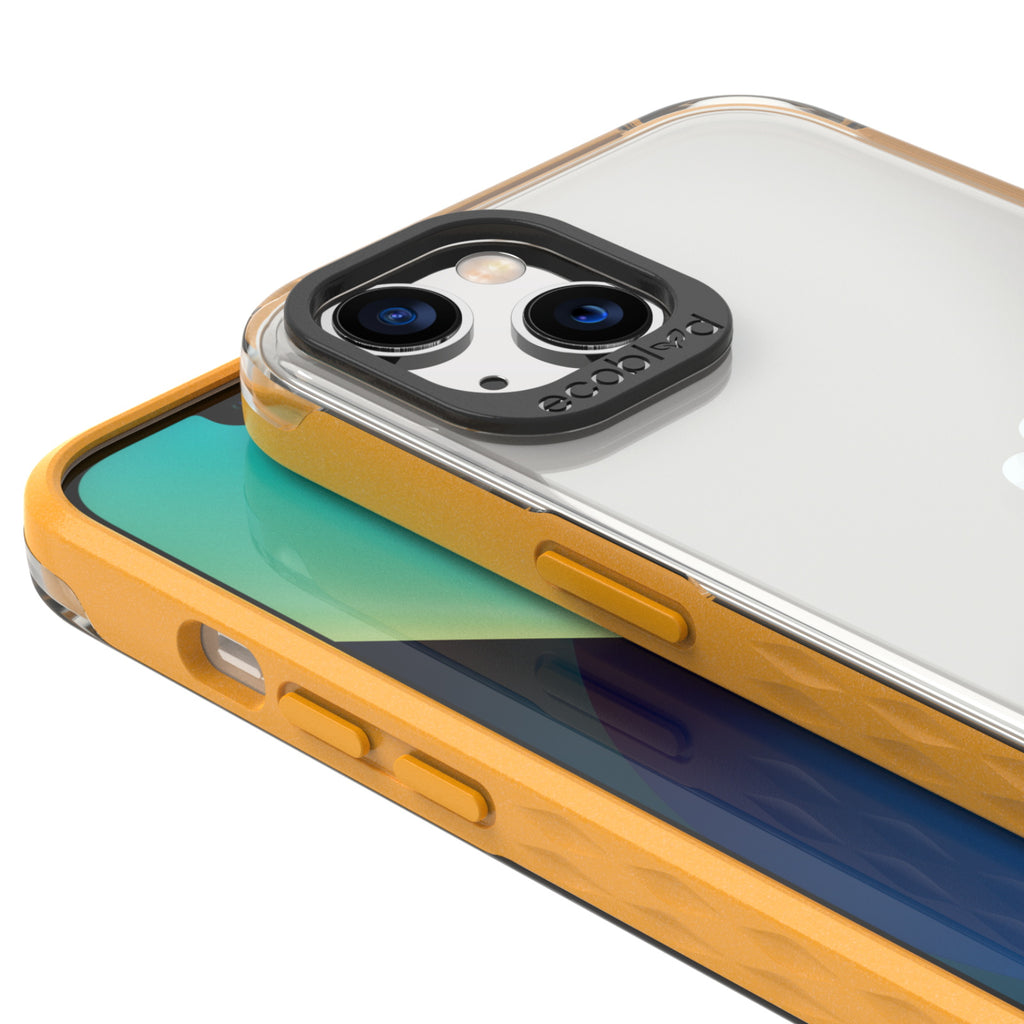 View Of Raised Camera Ring & Raised Edges On Yellow iPhone 13 Laguna Case