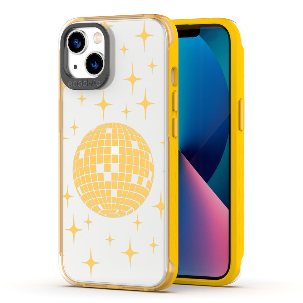 Back View Of Yellow Compostable iPhone 13 Clear Case With The Disco With The Flow Design & Front View Of Screen