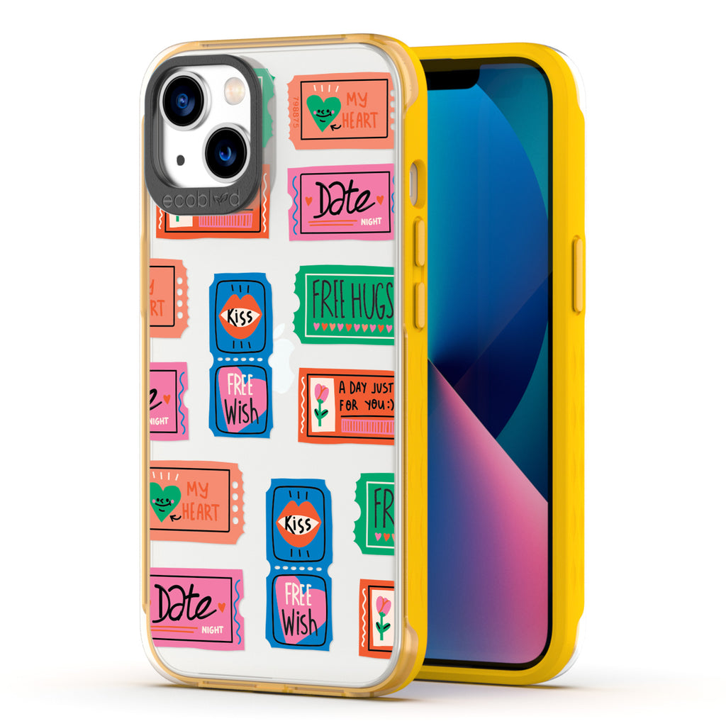 Love Collection - Yellow Compostable iPhone 13 Case - Coupons For Date Night, A Free Kiss, & More On A Clear Back