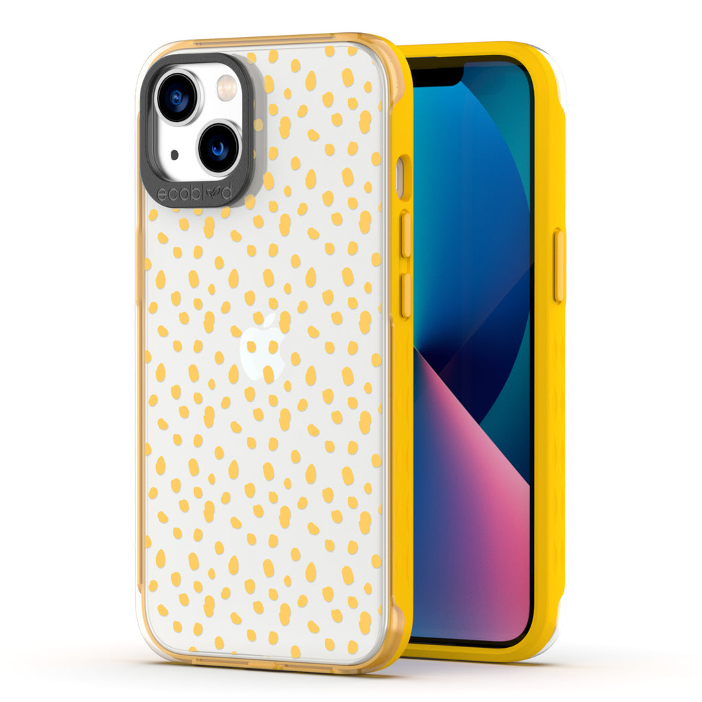 Back View Of Eco-Friendly Yellow iPhone 13 Timeless Laguna Case With On The Dot Design & Front View Of Screen