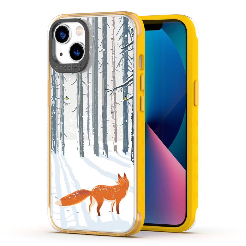 Back View Of Yellow Compostable iPhone 13 Clear Case With The Fox Trot In The Snow Design & Front View Of Screen