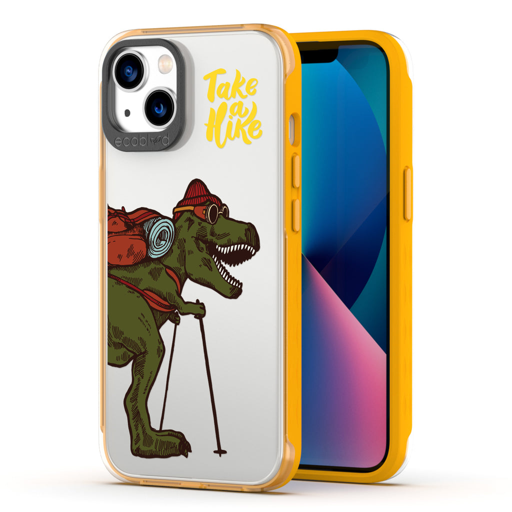 Back View Of Yellow iPhone 13 Laguna Case With The Take A Hike Design On A Clear Back And Frontal View Of The Screen
