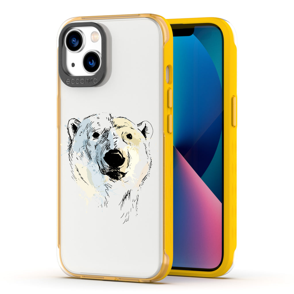 Back View Of Yellow Eco-Friendly iPhone 13 Clear Case With The Polar Bear Design & Front View Of Screen