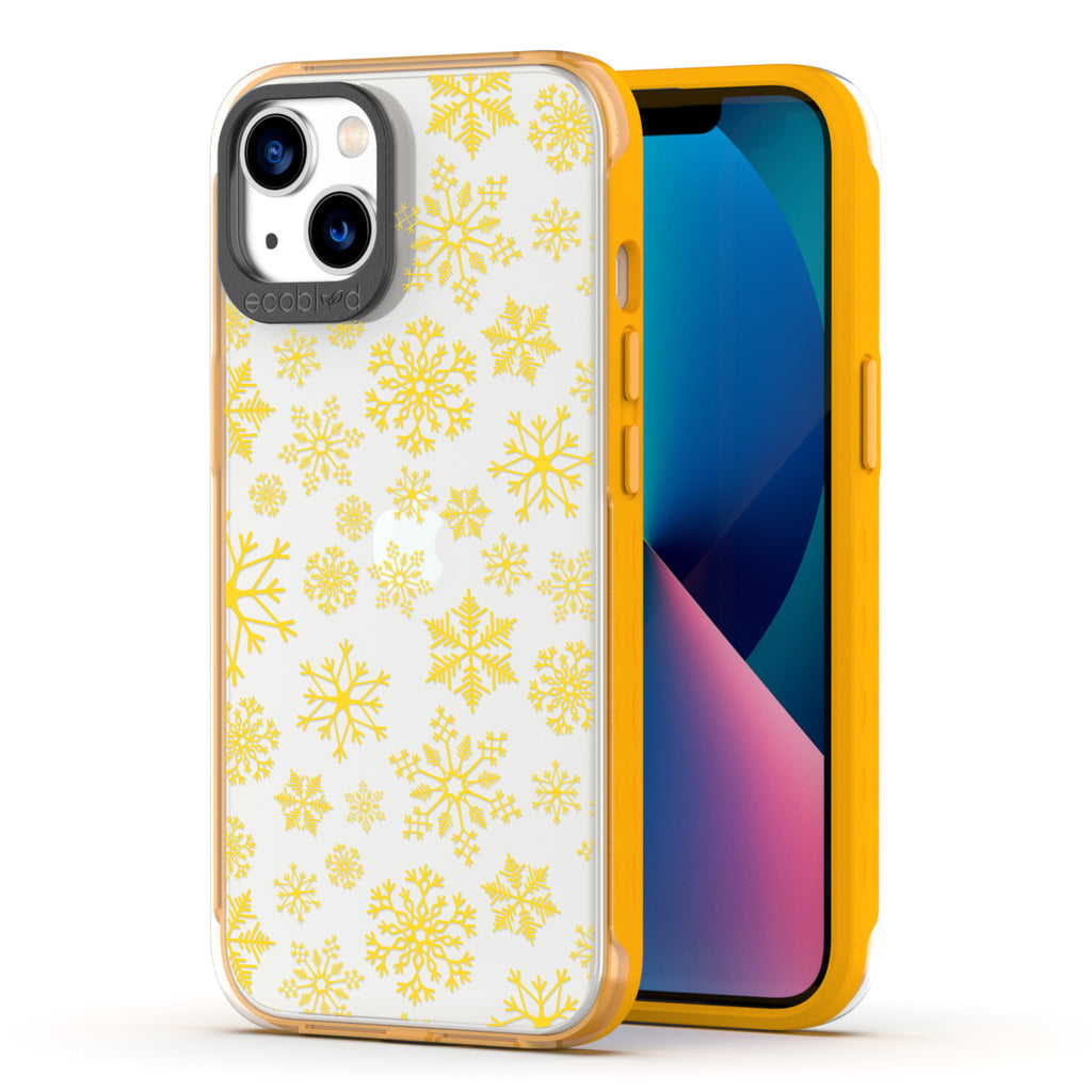 Back View Of Eco-Friendly Yellow Phone 13 Winter Laguna Case With The Let It Snow Design & Front View Of The Screen