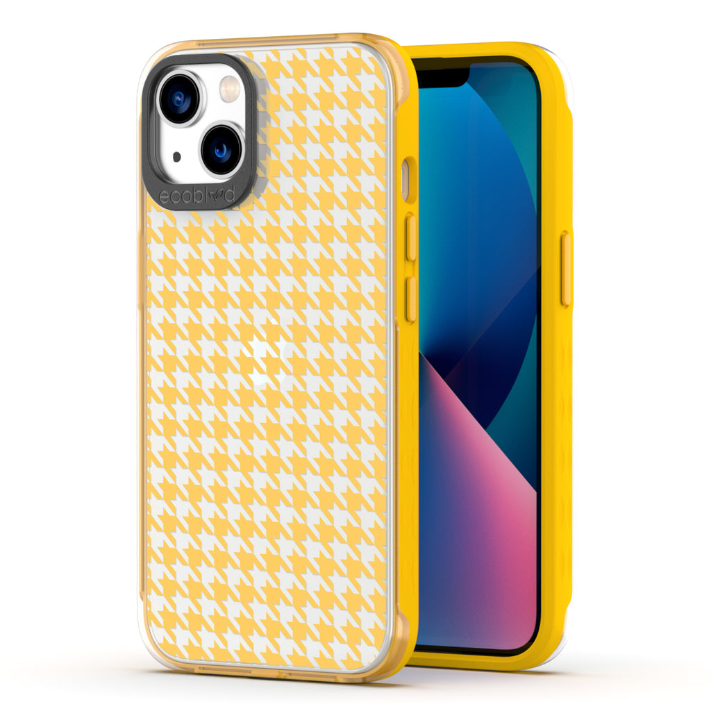 Back View Of Eco-Friendly Yellow iPhone 13 Timeless Laguna Case With Houndstooth Design & Front View Of Screen