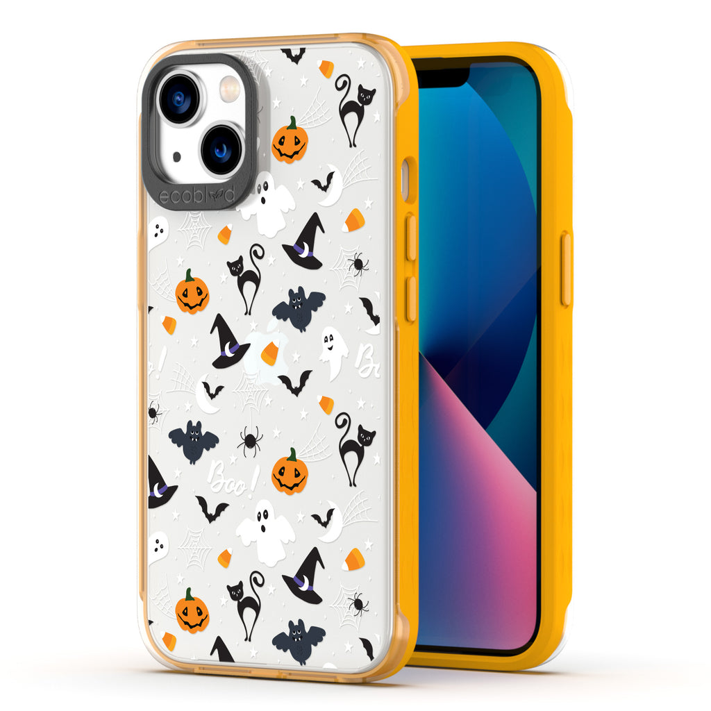 Back View Of Yellow Laguna Halloween iPhone 13 Case With The Trick R' Treat Ya Self Design & Front View Of The Screen
