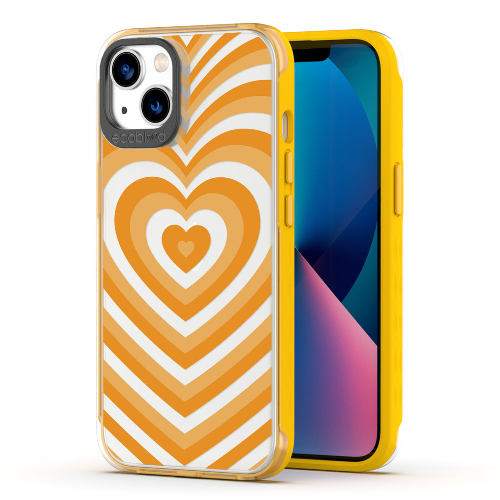 Back View Of Yellow Eco-Friendly iPhone 13 Clear Case With The Tunnel Of Love Design & Front View Of Screen