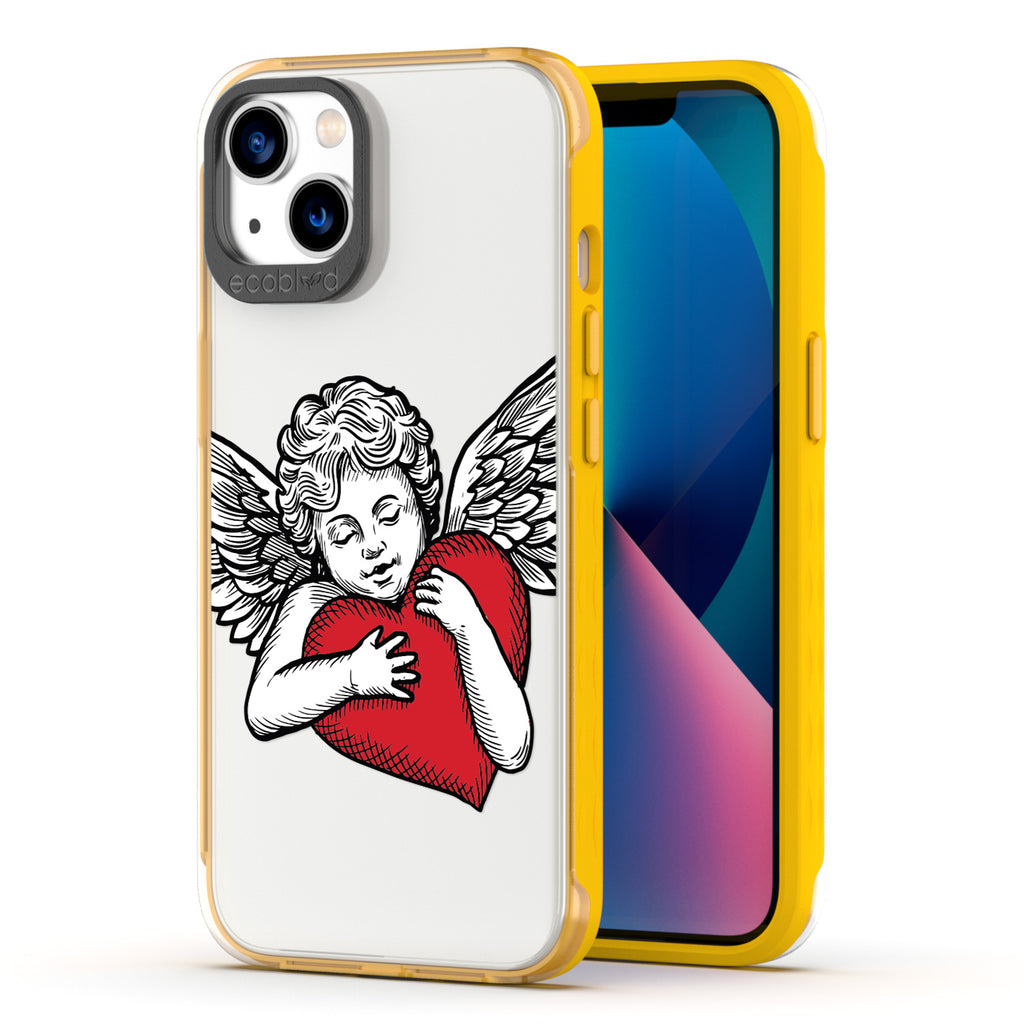 Back View Of Yellow Eco-Friendly iPhone 13 Clear Case With The Cupid Design & Front View Of Screen
