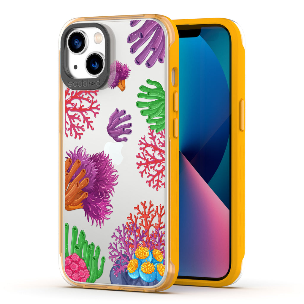 Back View Of Yellow Compostable iPhone 13 Laguna Case With The Coral Reef Design & Front View Of The Screen