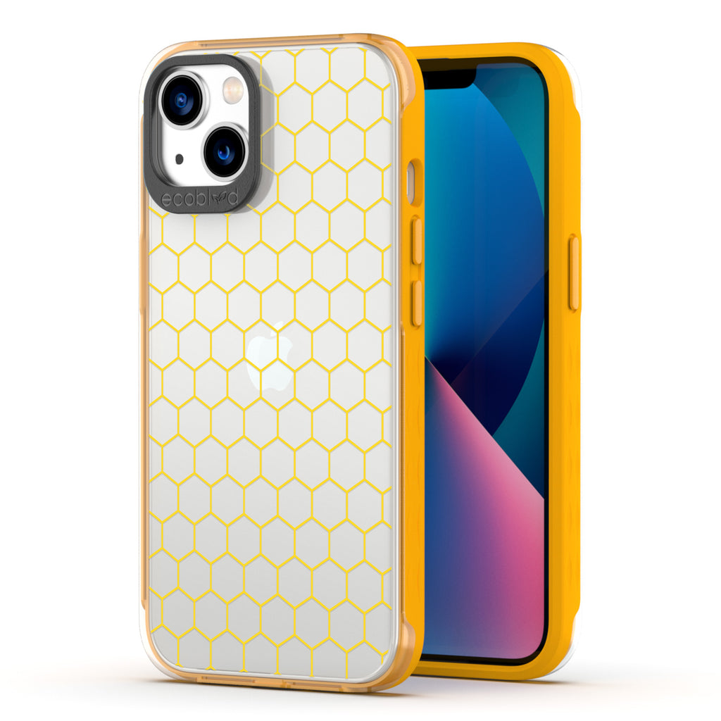 Back View Of The Yellow Compostable iPhone 13 Laguna Case With Honeycomb Design On A Clear Back & Front View Of The Screen