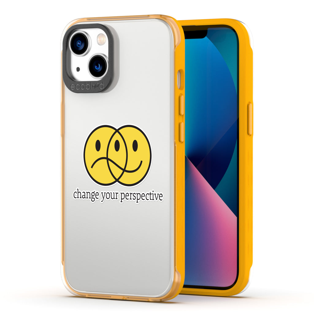 Back View Of Yellow Eco-Friendly Laguna iPhone 13 Case With The Perspective Design & Front View Of Screen