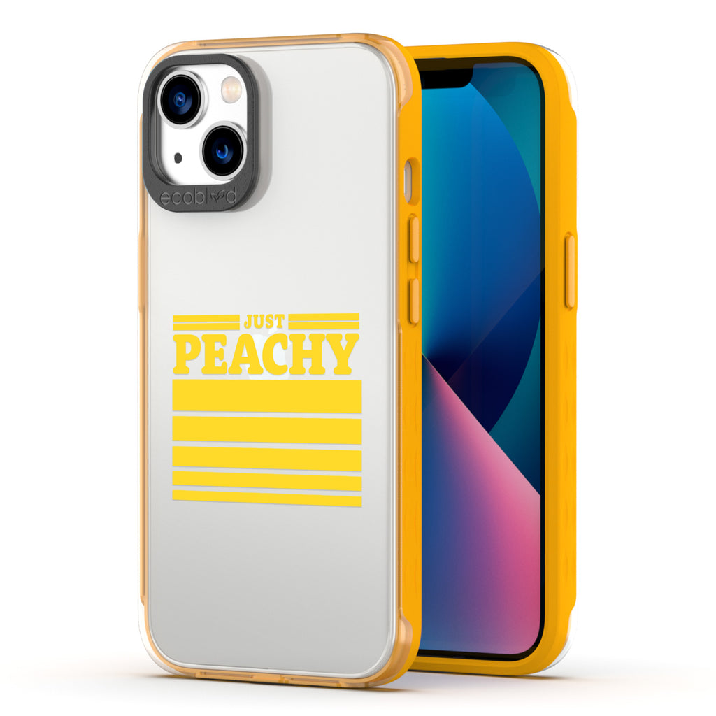 Back View Of The Yellow Eco-Friendly iPhone 13 Laguna Case With Just Peachy Design & Front View Of The Screen
