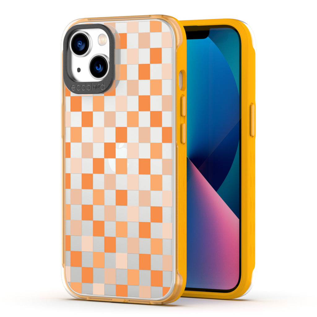 Back View Of The Yellow iPhone 13 Laguna Case With The Checkered Print Design On A Clear Back And Frontal View Of The Screen