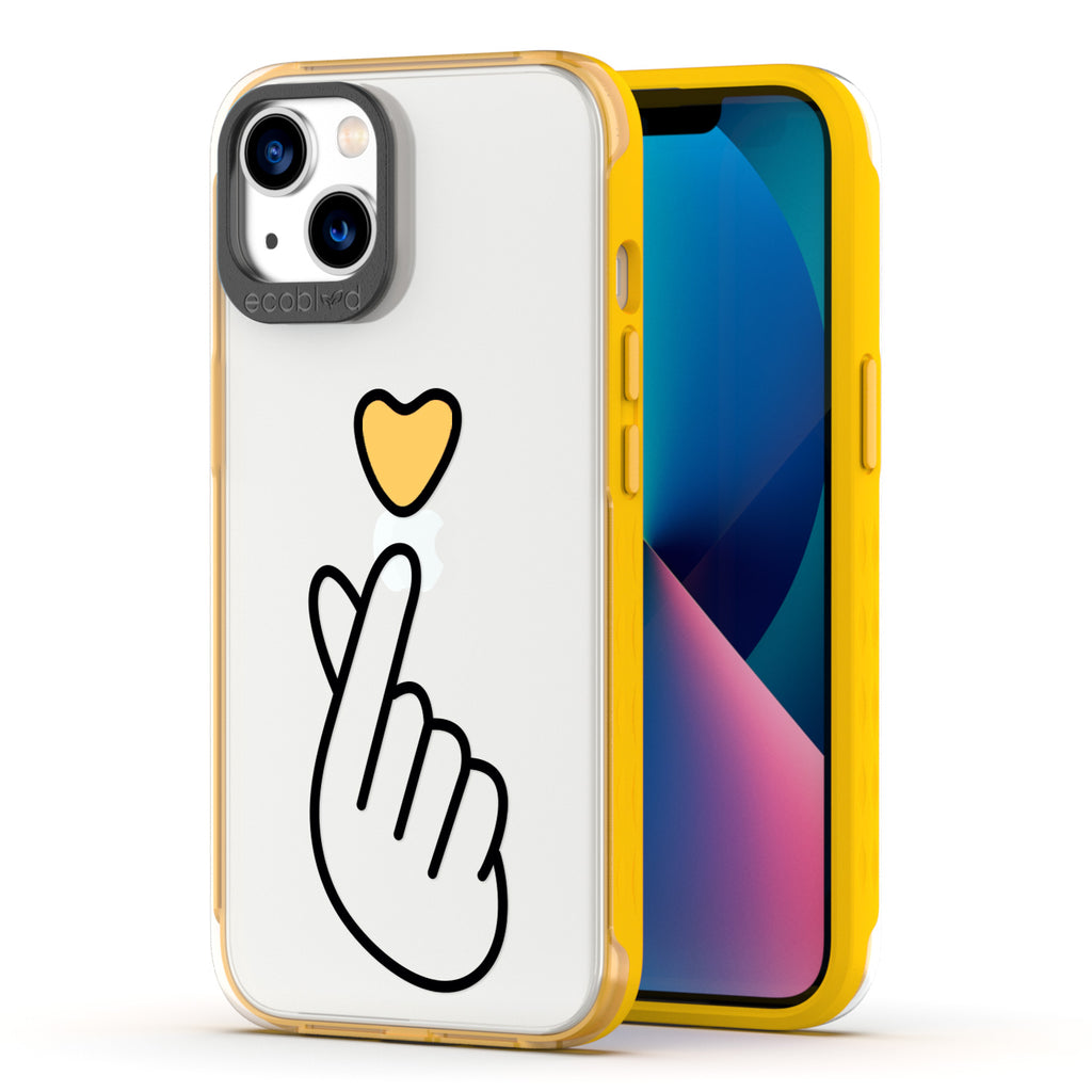 Back View Of Yellow Eco-Friendly iPhone 12 / 12 Pro Clear Case With The Finger Heart Design & Front View Of Screen