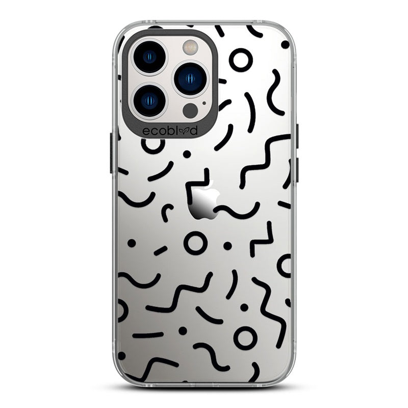90's Kids - Black Eco-Friendly iPhone 13 Pro Case with Retro 90's Lines & Squiggles On A Clear Back