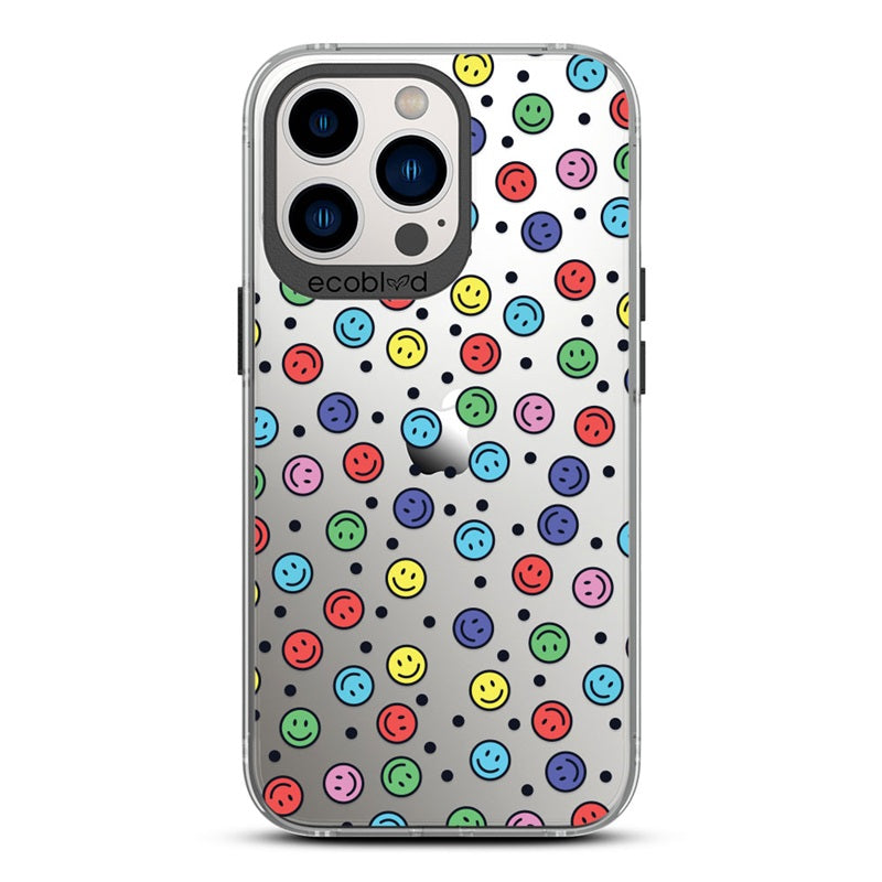 Laguna Collection - Black Eco-Friendly iPhone 13 Pro Case With Multicolored Smiley Faces & Black Dots On A Clear Back  