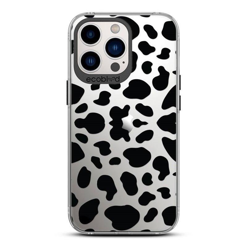 Laguna Collection - Black Eco-Friendly iPhone 13 Pro Case With Black Spots Cow Print On A Clear Back - Compostable