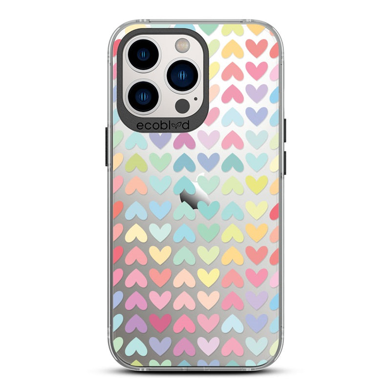 Laguna Collection - Black Eco-Friendly iPhone 13 Pro Case With A Pastel Rainbow Hearts Pattern On A Clear Back - Compostable