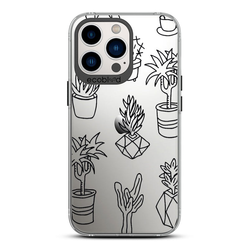 Laguna Collection - Black iPhone 13 Pro Case With Line Art Succulent Garden Print On A Clear Back - 6FT Drop Protection
