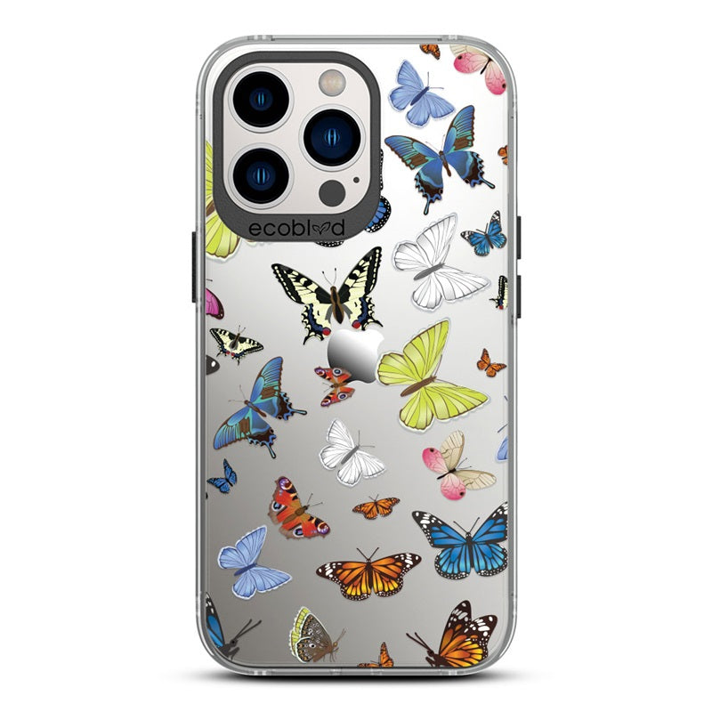 Laguna Collection - Black iPhone 13 Pro Case With Multicolored Butterflies On A Clear Back - 6FT Drop Protection