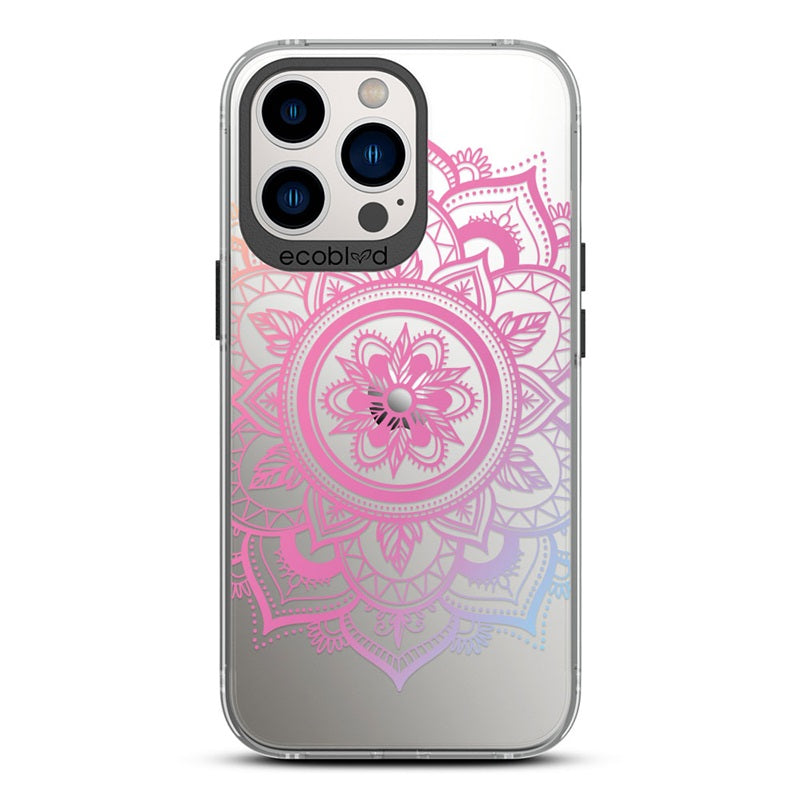 Laguna Collection - Black Compostable iPhone 13 Pro Case With A Pink Lotus Flower Mandala Design On A Clear Back
