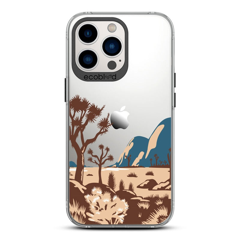 Laguna Collection - Black Compostable iPhone 13 Pro Case With Minimalist Joshua Tree Desert Landscape On A Clear Back