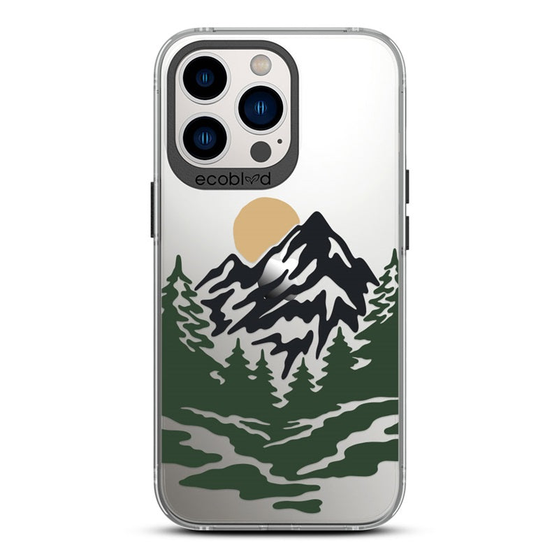 Laguna Collection - Black Compostable iPhone 13 Pro Case With A Minimalist Moonlit Mountain Landscape On A Clear Back 