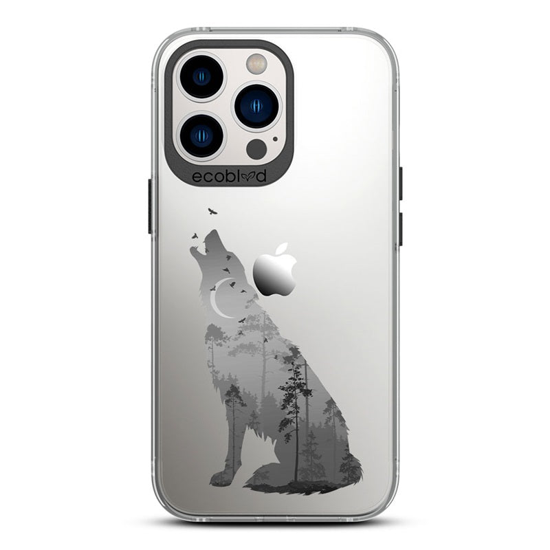 Laguna Collection - Black Eco-Friendly iPhone 13 Pro Case With A Howling Wolf And Moonlit Woodlands Print On A Clear Back