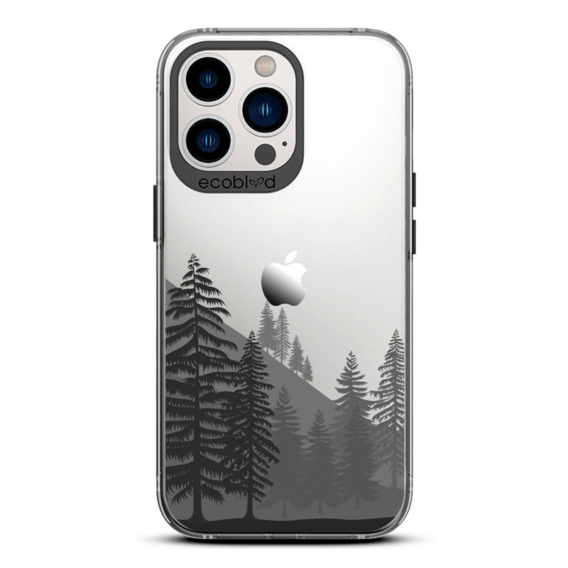 Laguna Collection - Black Eco-Friendly iPhone 13 Pro Case With A Minimalist Mountainside Pine Tree Forest On A Clear Back