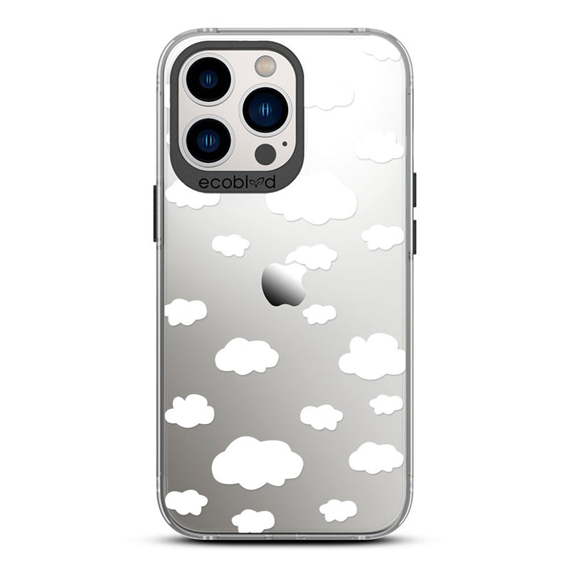 Laguna Collection - Black Eco-Friendly iPhone 13 Pro Case With A Fluffy White Cartoon Clouds Print On A Clear Back