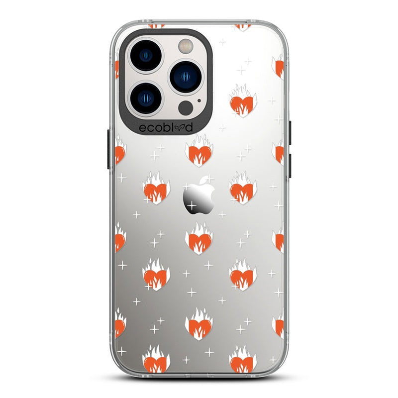 Laguna Collection - Black Eco-Friendly iPhone 13 Pro Case With A Flaming Red Hearts & Stars Pattern On A Clear Back