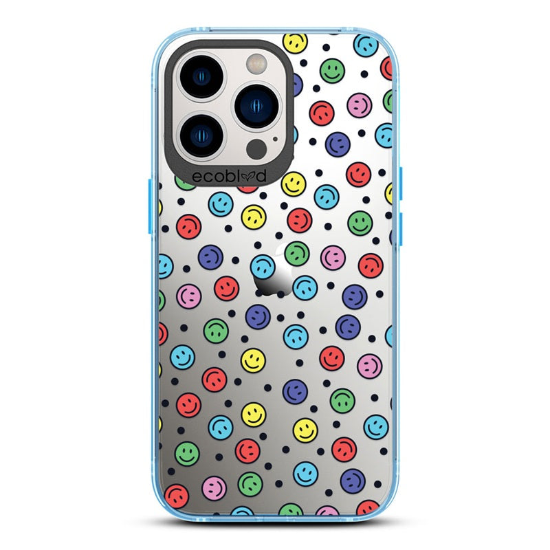 Laguna Collection - Blue Eco-Friendly iPhone 13 Pro Case With Multicolored Smiley Faces & Black Dots On A Clear Back 