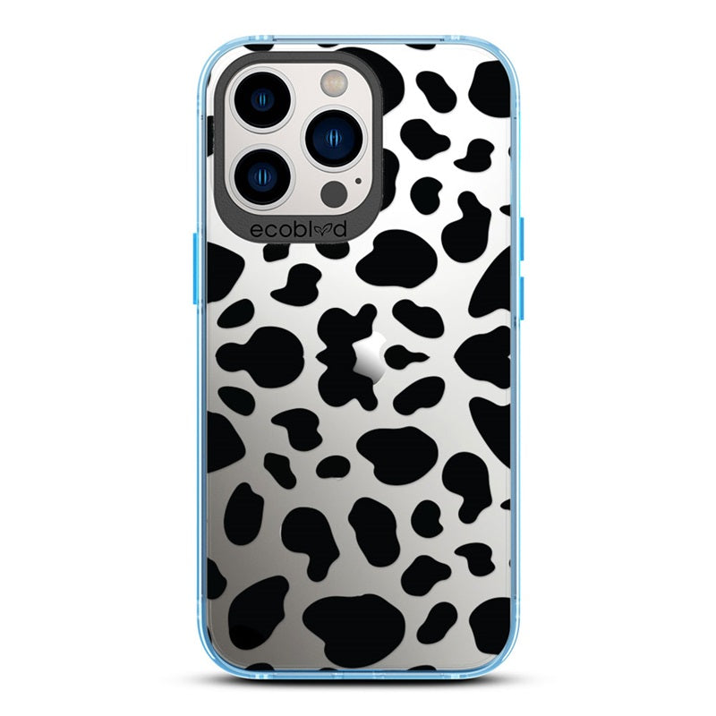 Laguna Collection - Blue Eco-Friendly iPhone 13 Pro Case With Black Spots Cow Print On A Clear Back - Compostable