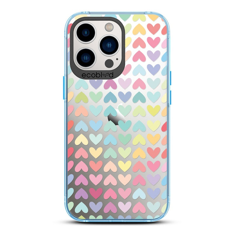 Laguna Collection - Blue Eco-Friendly iPhone 13 Pro Case With A Pastel Rainbow Hearts Pattern On A Clear Back - Compostable