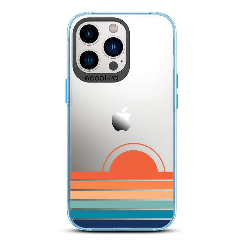 Laguna Collection - Blue Eco-Friendly iPhone 13 Pro Case With A Sun Rising From Rainbow Stripes On A Clear Back 