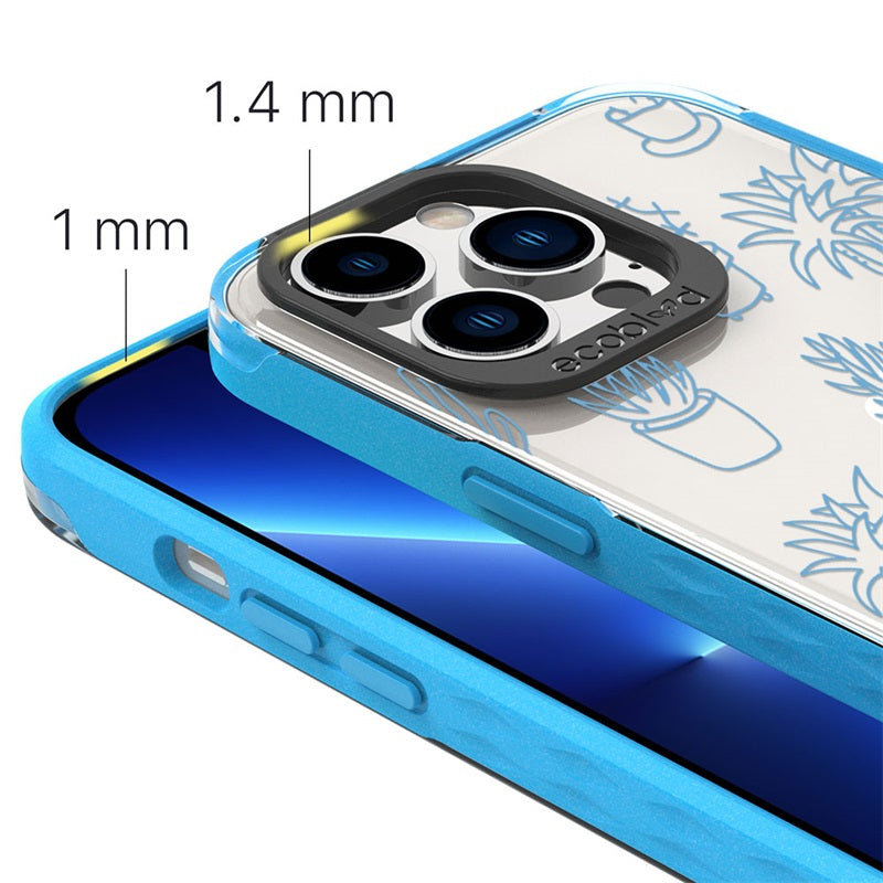 View Of 1.4mm Raised Camera Ring & 1mm Raised Edges On Blue iPhone 13 Pro Laguna Case With The Succulent Garden Design  