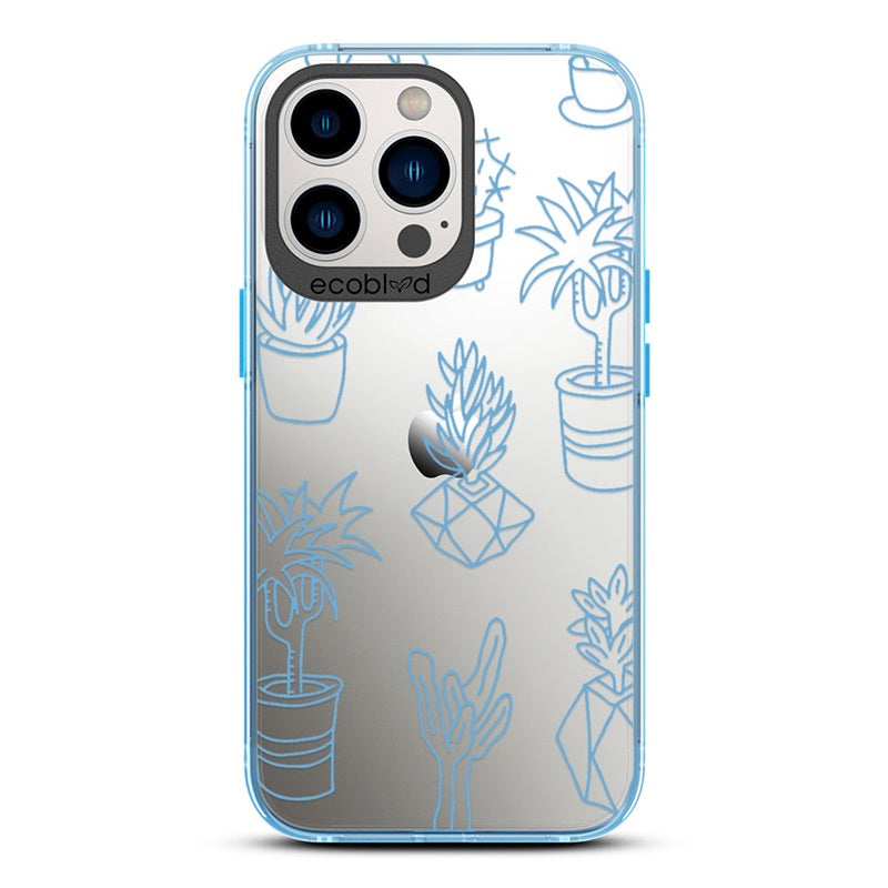 Laguna Collection - Blue iPhone 13 Pro Case With Line Art Succulent Garden Print On A Clear Back - 6FT Drop Protection