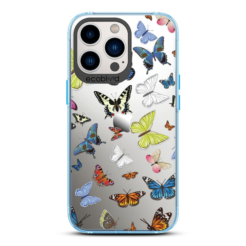 Laguna Collection - Blue iPhone 13 Pro Case With Multicolored Butterflies On A Clear Back - 6FT Drop Protection