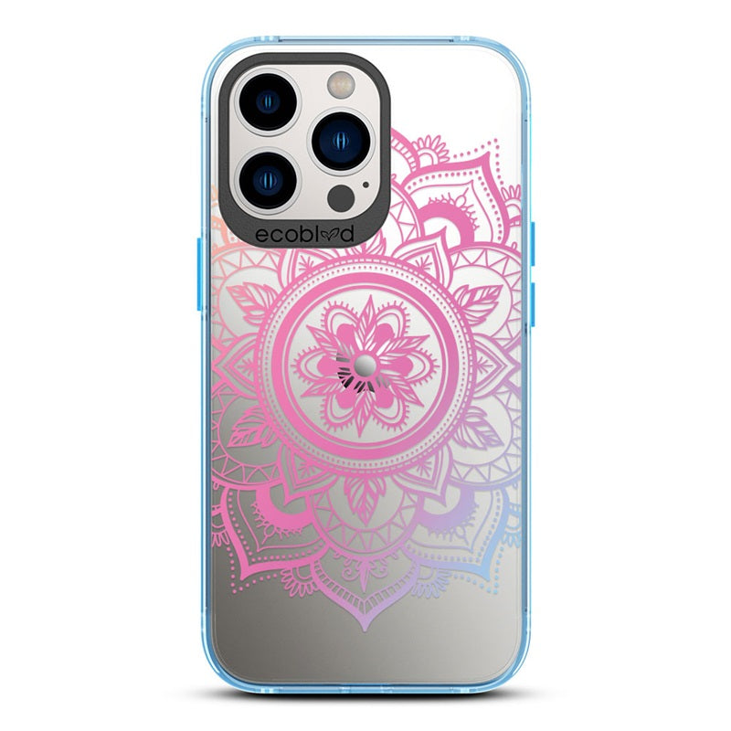 Laguna Collection - Blue Compostable iPhone 13 Pro Case With A Pink Lotus Flower Mandala Design On A Clear Back