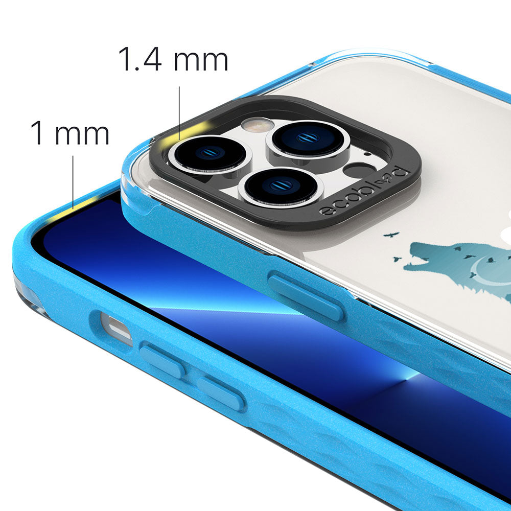 View Of 1.4mm Raised Camera Ring & 1mm Raised Edges On Blue iPhone 13 Pro Laguna Case With The Howl At the Moon Design 