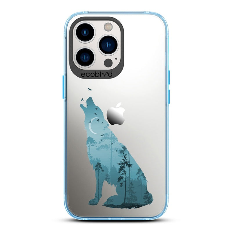 Laguna Collection - Blue Eco-Friendly iPhone 13 Pro Case With A Howling Wolf And Moonlit Woodlands Print On A Clear Back