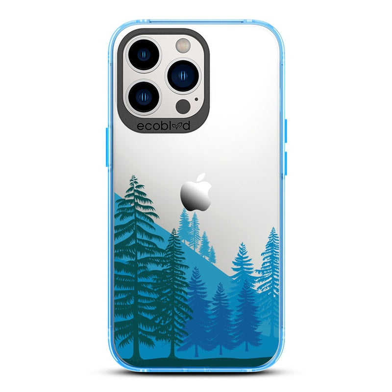 Laguna Collection - Blue Eco-Friendly iPhone 13 Pro Case With A Minimalist Mountainside Pine Tree Forest On A Clear Back