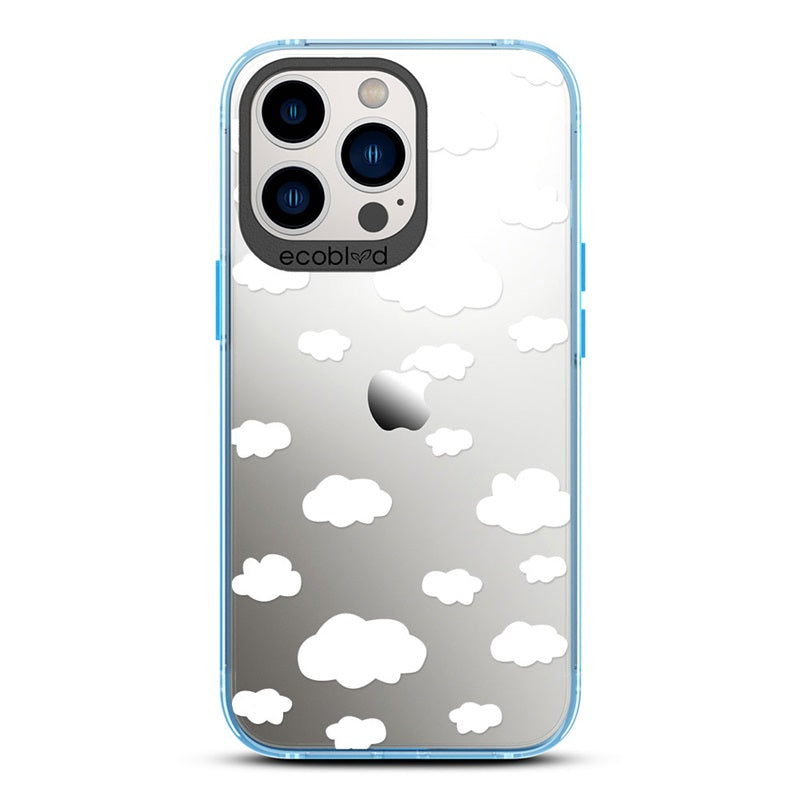 Laguna Collection - Blue Eco-Friendly iPhone 13 Pro Case With A Fluffy White Cartoon Clouds Print On A Clear Back